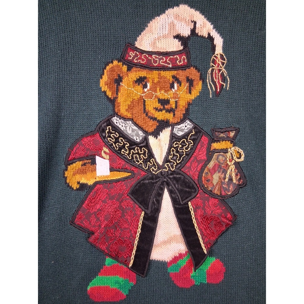 VTG Talbots Womens Sweater S Green Knit Christmas Holiday Bear Whimsical 90s